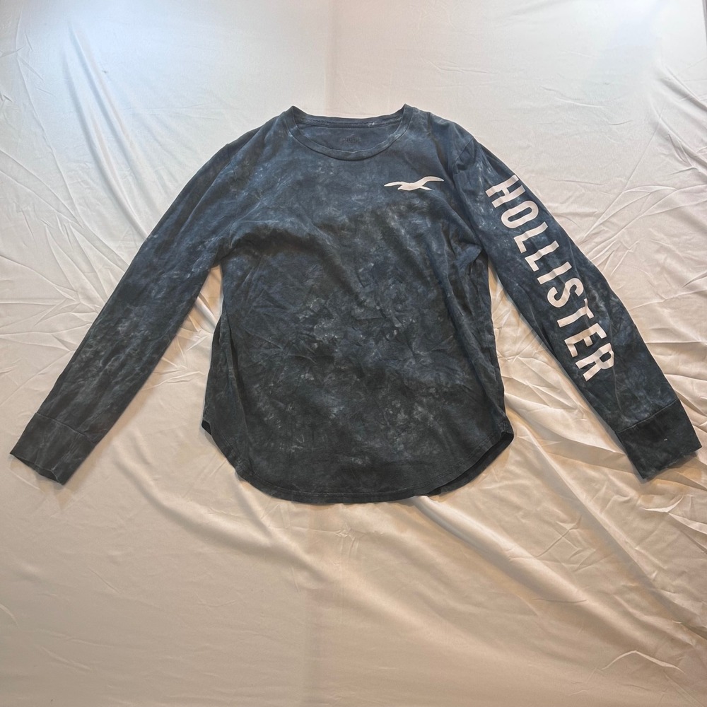Hollister Womens Long Sleeve Graphic T-Shirt Gray Acid Wash Logo Small